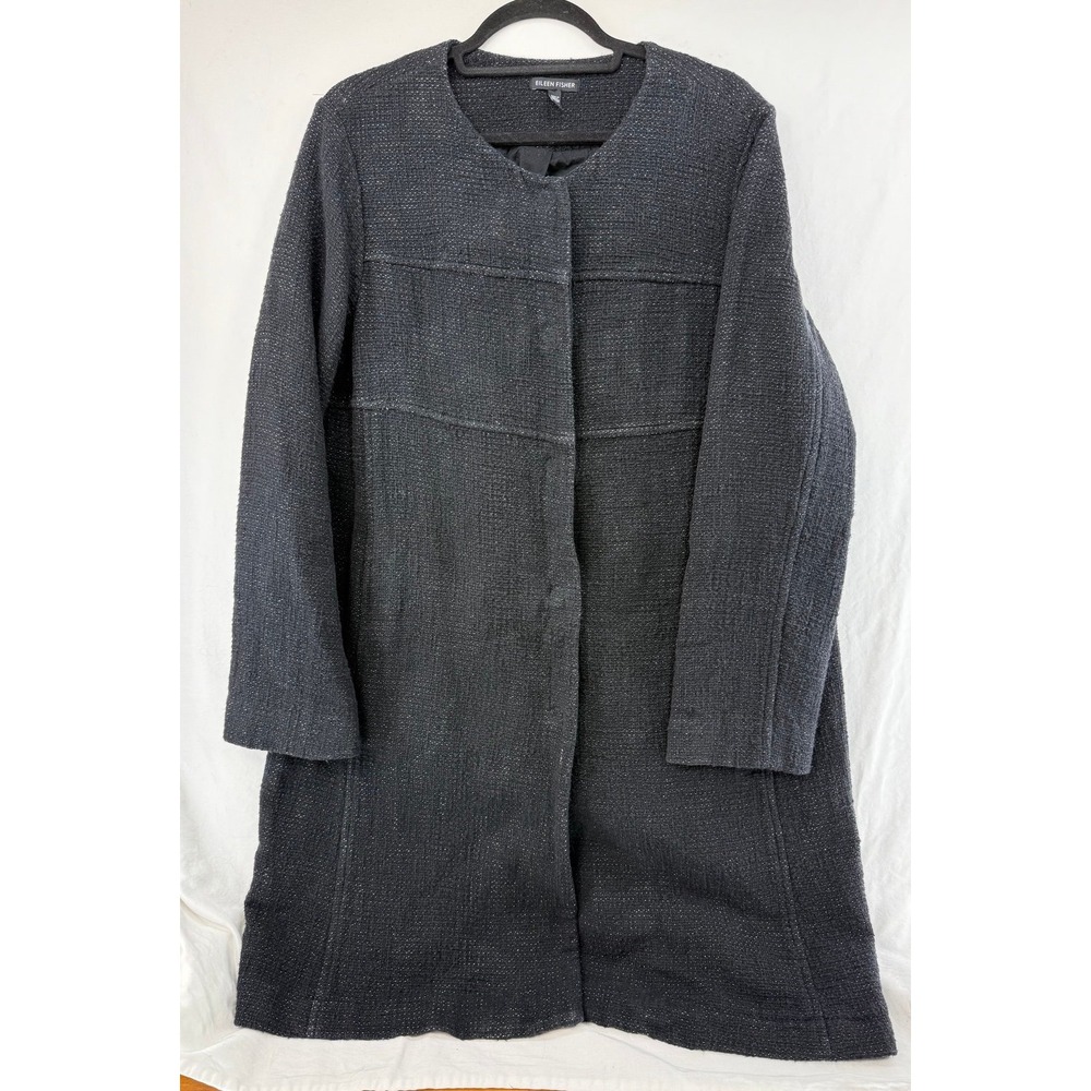 EILEEN FISHER Black Textured Knit Collarless‎ Button Front Long Jacket Coat L